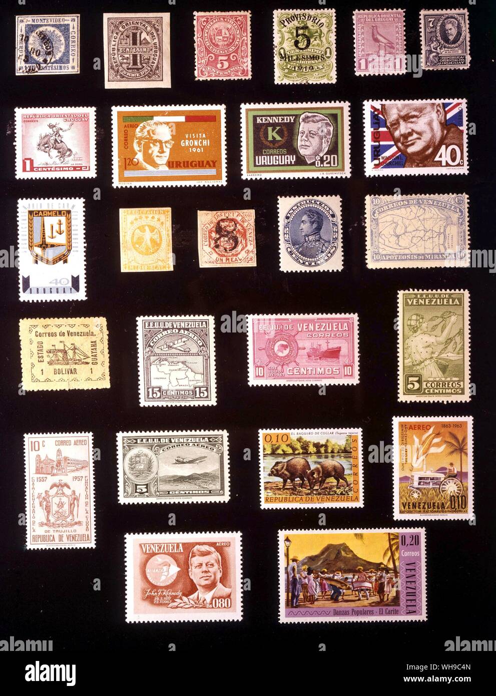 AMERICA - URUGUAY AND VENEZUELA: (left to right) 1. Uruguay, 120 centesimos, 1859, 2. Uruguay, 1 centesimo, 1866, 3. Uruguay, 5 centesimos, 1889, 4. Uruguay, 5 milesimas, 1911, 5. Uruguay, 1 centesimo, 1923, 6. Uruguay, 7 centesimos, 1933, 7. Uruguay, 1 centesimo, 1954, 8. Uruguay, 1.20 pesos, 1961, 9. Uruguay, 20 centesimos, 1965, 10. Uruguay, 40 centesimos, 1966, 11. Uruguay, 40 centavos, 1967, 12. Venezuela, 0.5 real, 1865, 13. Venezuela, 1 real, 1866, 14. Venezuela, 25 centimos, 1893, 15. Venezuela, 10 centimos, 1896, 16. Venezuela, 1 bolivar, 1903, 17. Venezuela, 15 centimos, 1930, 18. Stock Photo