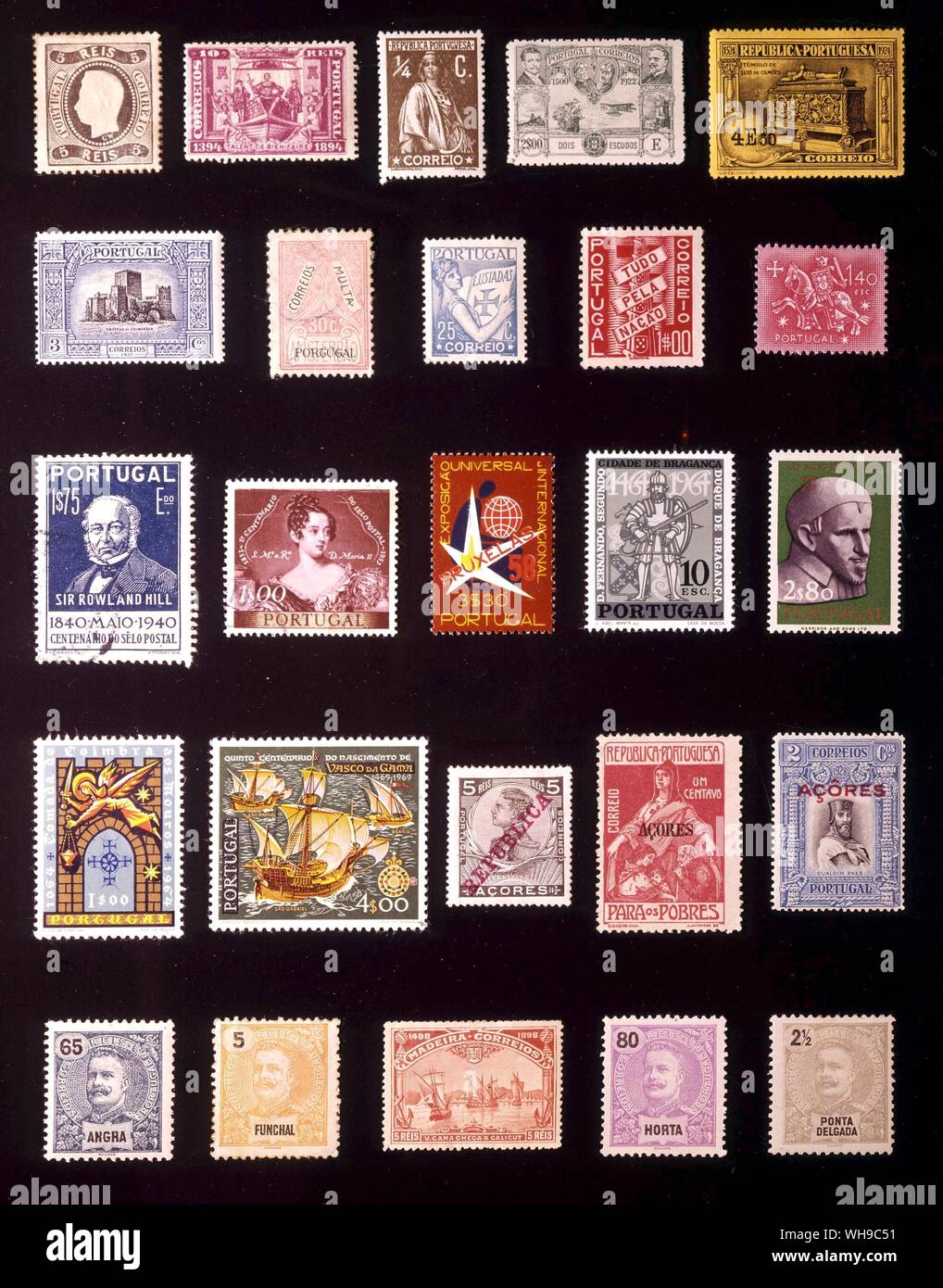 EUROPE - PORTUGAL: (left to right) 1. 5 reis, 1867, 2. 10 reis, 1894, 3. 0.25 centavo, 1912, 4. escudos, 1923, 5. 4 escudos, 1924, 6. 3 centavos, 1926, 7. 30 centavos, 1928, 8. 25 centavos, 1934, 9. 1 escudo, 1935, 10. 1.40 escudos, 1953, 11. 1.75 escudos, 1940, 12. 1 escudo, 1953, 13. 3.30 escudos, 1958, 14. 10 escudos, 1965, 15. 2.80 escudos, 1963, 16. 1 escudos, 1965, 17. 4 escudos, 1969, 18. Azores, 5 reis, 1910, 19. Azores, 1 centavo, 1915, 20. Azores, 2 centavos, 1926, 21. Angra, 65 reis, 1897, 22. Funchal, 5 reis, 1897, 23. Madeeira, 5 reis, 1898, 24. Horta, 80 reis, 1897, 25 Ponta Stock Photo