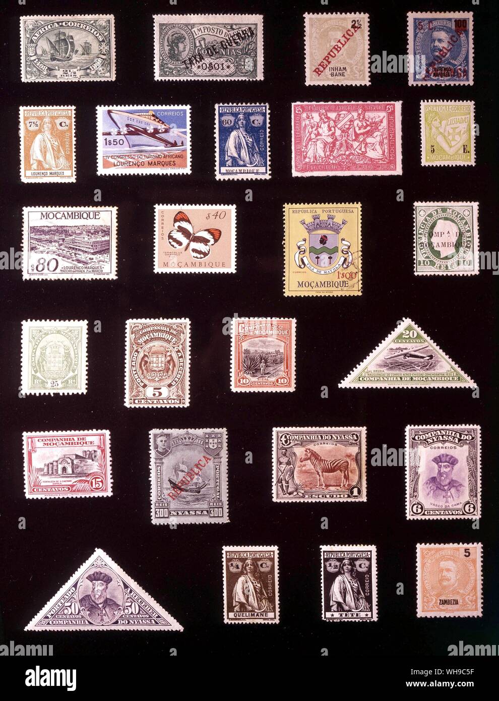 AFRICA - PORTUGUESE EAST AFRICA: (left to right) 1. Portuguese Africa, 2.5 reis, 1898, 2. Portuguese Africa, 1 centavo, 1919, 3. Inhambane, 2.5 reis, 1911, 4. Kionga, 5 centavos, 1916, 5. Lourenco marques, 7.5 centavos, 1914, 6. Lourenco marques, 1.50 escudos, 1952, 7. Mozambique, 60 centavos, 1922, 8. Mozambique, 5 centavos, 1916, 9. Mozambique, 5 escudos, 1933, 10. Mozambique, 5 escudos, 1933, 11. Mozambique, 80 centavos, 1948, 12. Mozambique, 1 escudo, 1961, 13. Mozambique Company, 10 reis, 1892, 14. Mozambique Company, 25 reis, 1895, 15. Mozambique Company, 5 centavos, 1919, 16. Stock Photo