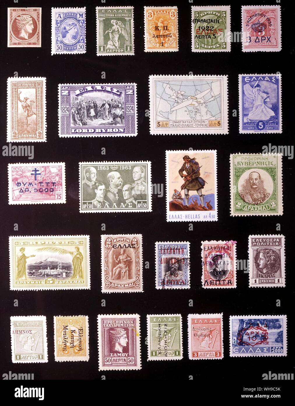 EUROPE - GREECE: (left to right) 1. 1 lepton, 1861, 2. 50 lepta, 1902, 3. Provisional Government, 1 lepton, 1917, 4. 3 + 1 lepta, 1917, 5. 5 lepta, 1923, 6. 3 drachmae, 1935, 7. 2 drachmae, 1901, 8. 2 drachmae, 1924, 9. 5 drachmae, 1926, 10. 5 drachmae, 1937, 11. 5,000 drachmae, 1944, 12. 1.50 drachmae, 1962, 13. 4.50 drachmae, 1968, 14. Crete, 2 drachmae, 1905, 15. Crete, 5 drachmae, 1905, 16. Crete, 2 drachmae, 1908, 17. Cavalla, 10 lepta, 1913, 18. Dedeagatz, 10 lepta, 1913, 19. Icaria, 1 drachma, 1912, 20. Lemnos, 1 lepton, 1912, 21. Mytilene, 5 paras, 1912, 22. Samos, 50 lepta, 1912, 23. Stock Photo