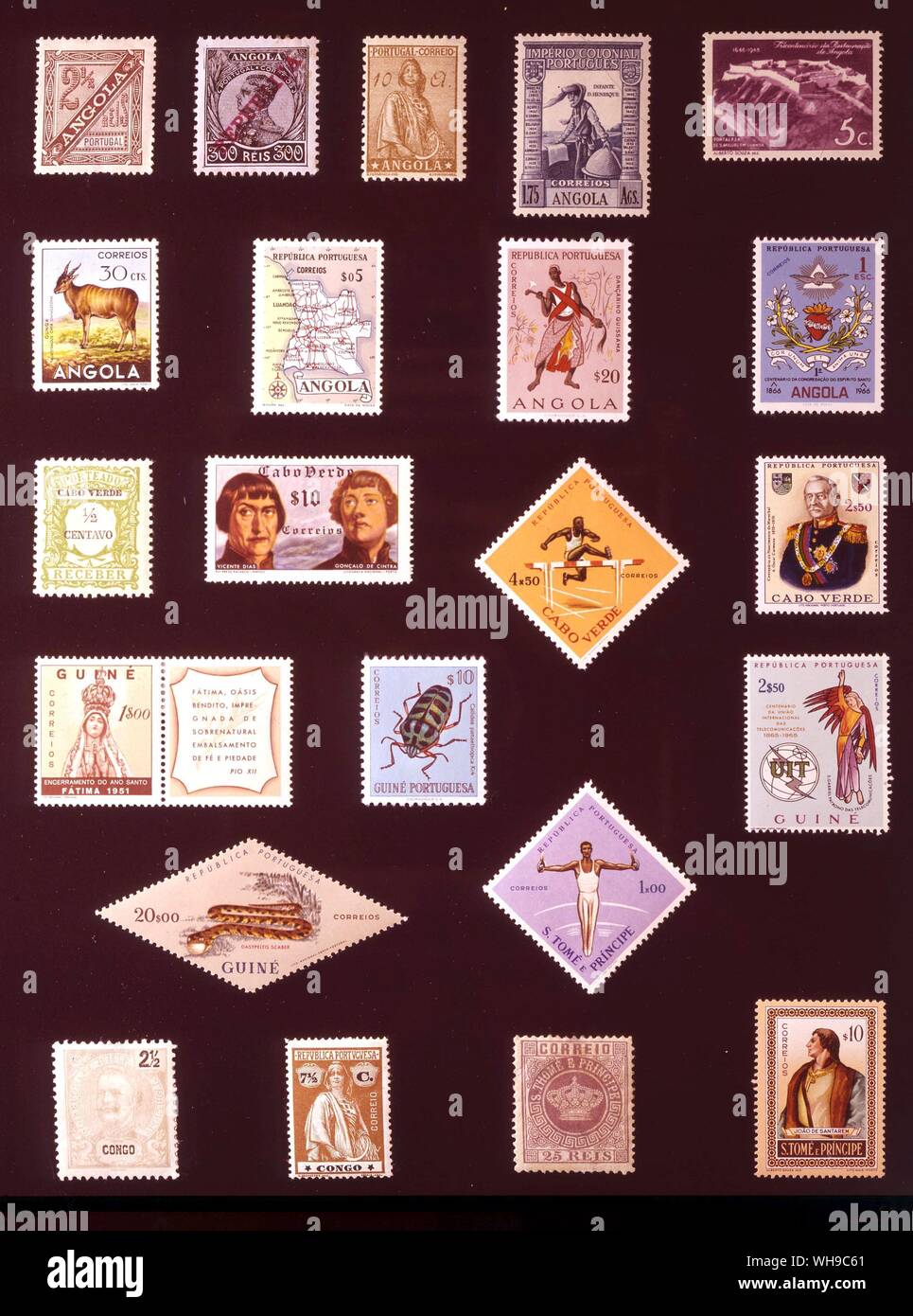 AFRICA - PORTUGUESE WEST AFRICA: (left to right) 1. Angola, 2.5 reis, 1893, 2. Angola, 300 reis, 1912, 3. Angola, 10 angolars, 1932, 4. Angola, 1.75 angolars, 1938, 5. Angola, 5 centavos, 1948, 6. Angola, 30 centavos, 1953, 7. Angola, 5 centavos, 1955, 8. Angola, 20 centavos, 1957, 9. Angola, 1 escudo, 1966, 10. Cape Verde Islands, 0.5 centavo, 1921, 11. Cape Verde Islands, 10 centavos, 1952, 12. Cape Verde Islands, 4.50 escudos, 1962, 13. Cape Verde Islands, 1.50 escudos, 1970, 14. Portuguese Guinea, 1 escudo, 1951, 15. Portuguese Guinea, 10 centavos, 1953, 16. Portuguese Guinea, 2.50 Stock Photo