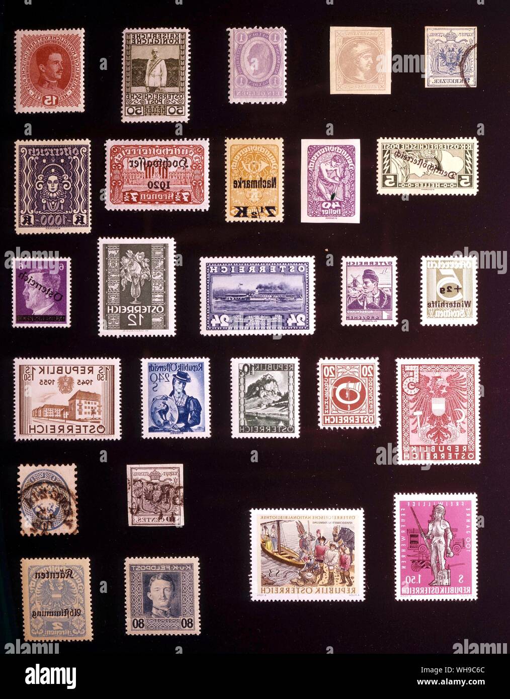 EUROPE - AUSTRIA: (left to right) 1. 9 kreuzer, 1850, 2. Newspaper stamp, 1867, 3. 1 gulden, 1896, 4. 50 heller, 1908, 5. 15 heller, 1917, 6. 5 heller newspaper express stamp, 1919, 7. 40 heller, 1919, 8. 7.5 kronen, postage due stamp, 1921, 9. 7.5 kronen, 1921, 10. 1000 kronen, 1922, 11. 5 + 2 groschen, Winter Relief, 1933, 12. 1 groschen, 1934, 13. 24 groschen, 1937, 14. 12 groschen, 1934, 13. 24 groschen, 1937, 14. 12 groschen, 1937, 15. 6 pfennigs, 1945, 16. 5 marks, 1945, 17. 20 groschen, 1945, 18. 10 groschen, 1945, 19. 2.40 schillings, 1951, 20. 1.50 schillings, 1955, 21. 1.50 Stock Photo