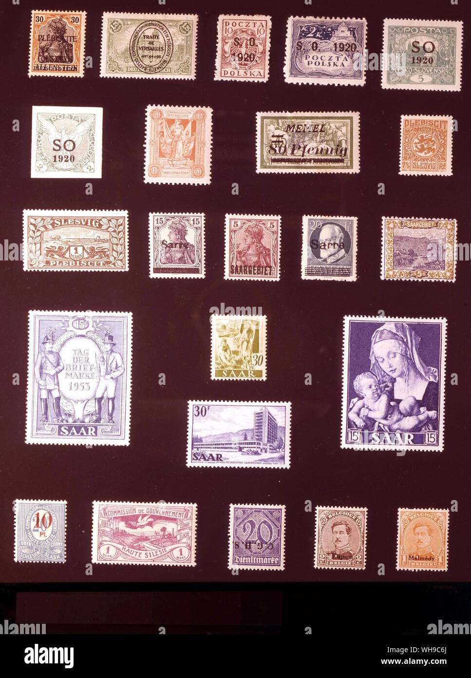 EUROPE - GERMAN PLEBISCITE TERRITORIES: (left to right) 1. Allenstein (Olsztyn), 30 pfennigs, 1920, 2. Allenstein, 1.25 marks, 1920, 3. Eastern Silesia, 10 fenigi, 1920, 4. Eastern Silesia, 2 kronen, 1920, 5. Eastern Silesia, 5 haleru, 1920, 6. Eastern Silesia, 2 haleru, 1920, 7. Marienwerder, 20 pfennigs, 1920, 8. Memel, 80 pfennigs, 1922, 9. Slesvig, 7.5 pfennigs, 1920, 10. Slesvig, 1 mark, 1920, 11. Saar, 15 pfennigs, 1920, 12. Saar, 5 pfennigs, 1920, 13. Saar, 20 pfennigs, 1920, 14. Saar, 5 pfennigs, 1921, 15. Saar, 15 francs, 1954, 16. Saar, 30 pfennigs, 1947, 17. Saar, 30 francs, 1953, Stock Photo