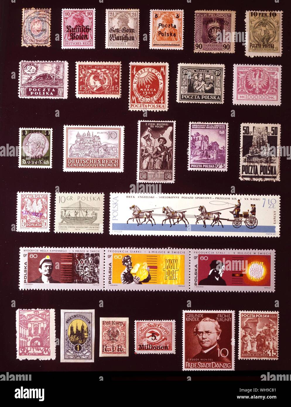 EUROPE - POLAND: (left to right) 1. 10 kopeks, 1860, 2. German occupation of Poland, 10 pfennigs, 1915, 3. General Government of Warsaw, 2.5 pfennigs, 1916, 4. Posen (Poznan) issue, 5 pfennigs, 1919, 5. Austrian Poland, 90 heller, 1919, 6. Provisional Government of Poland, 10 fenigi, 1918, 7. Poland, 2.50 korony, 1919, 8. 15 fenigi, 1919, 9. 4 marki, 1921, 10. 1.25 marki, 1921, 10. 1.25 marki, 1922, 11. 1,000,000 marki, 1924, 12. German Eastern Post, 1 zloty, 1939, 13. General Government, 10 zloty, 1920, 14. Polish Army in italy, 50centesimi, 1944, 15. London Government-in-Exile, 5 grosy, Stock Photo