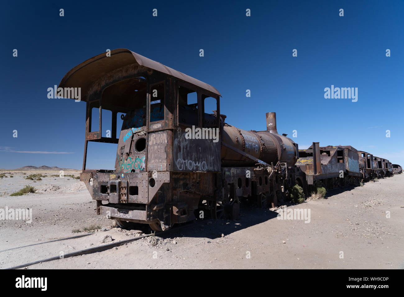 Locomotive graveyard outside Uyuni, Bolivia, South America Stock Photo