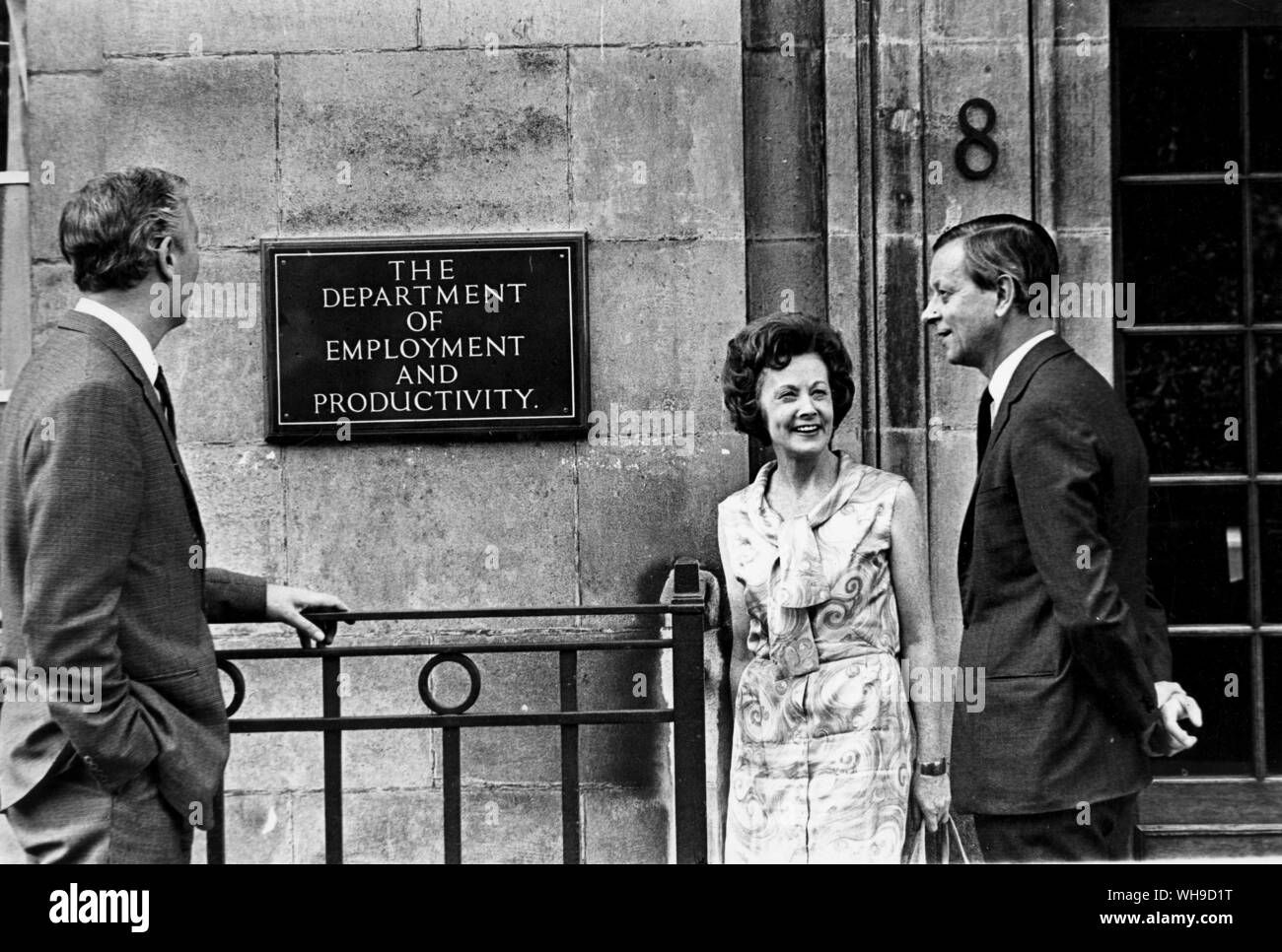 15th May 1968: Mrs Barbara Castle, born 1911, Minister of Employment and Productivity, with her top aides at the Ministry, Sir Denis Barnes, permanent secretary (left) and Alex Jarrat (right), pictured at the Ministry. Stock Photo