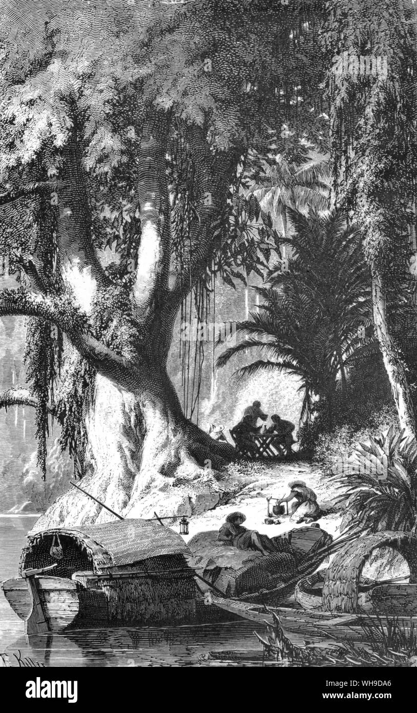 In March 1800, Humboldt and Bonpland set off down the Rio Apure for the unknown region of the Upper Orinoco. At night they camped on the banks of the river. Stock Photo