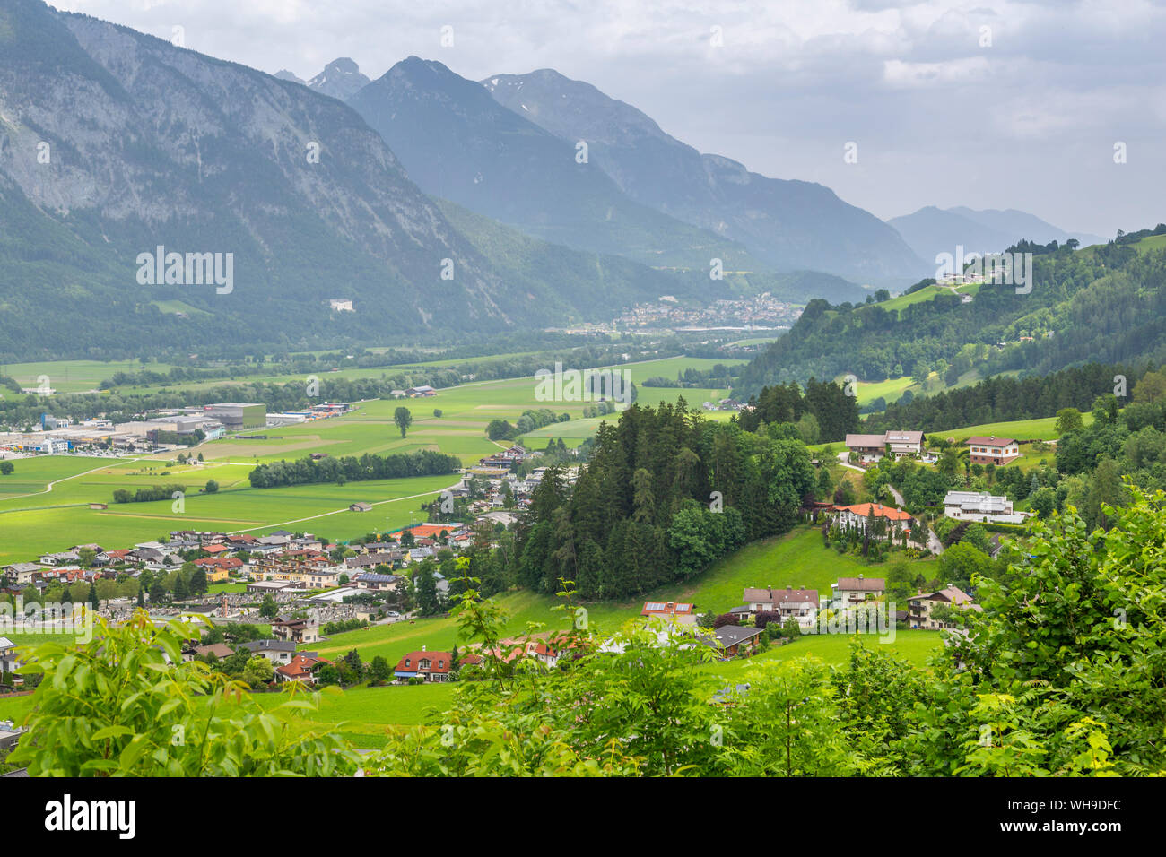 View of valley and mountains at Schwaz from view above the town, Schwaz, Tyrol, Austria, Europe Stock Photo