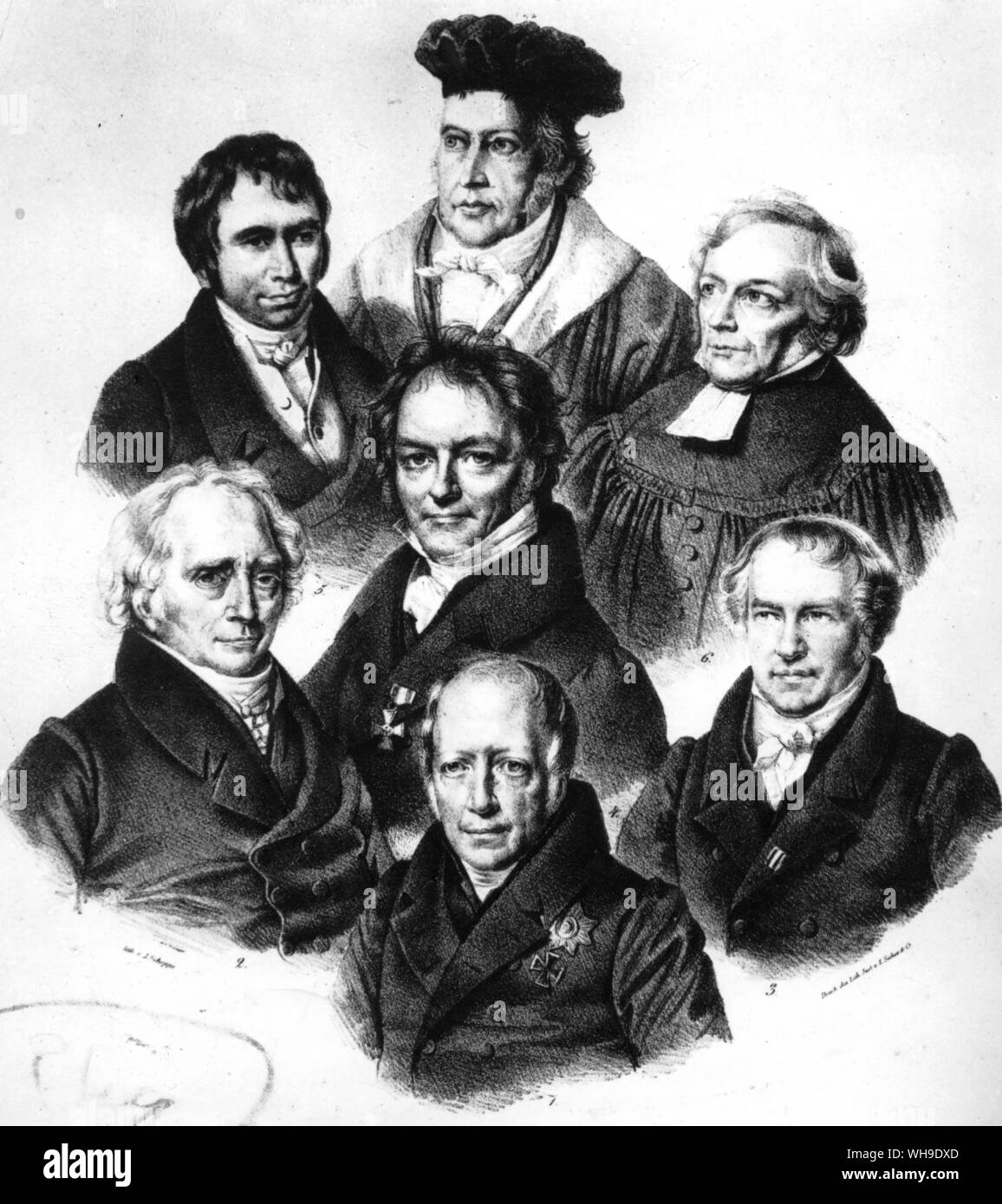 The savants of Berlin in the 1820s - Wilhelm von Humboldt (bottom). Alexander von Humboldt (on his right). Carl Ritter (centre). Georg Wilhelm Friedrich Hegel (top centre) Stock Photo