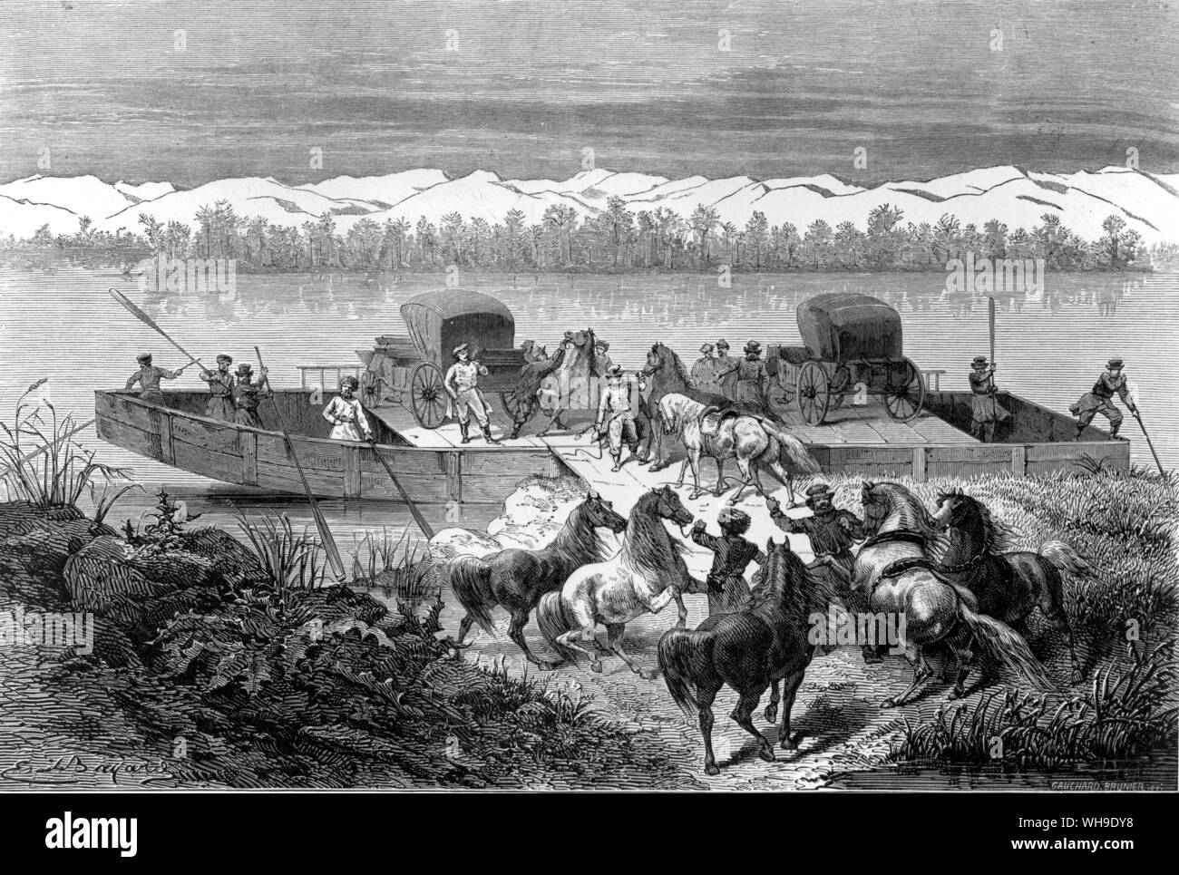 Ferrying travellers' carriages across the Irtysh in Siberia.  Humboldt had to make 53 such river crossings on his journey to Central Asia. Stock Photo
