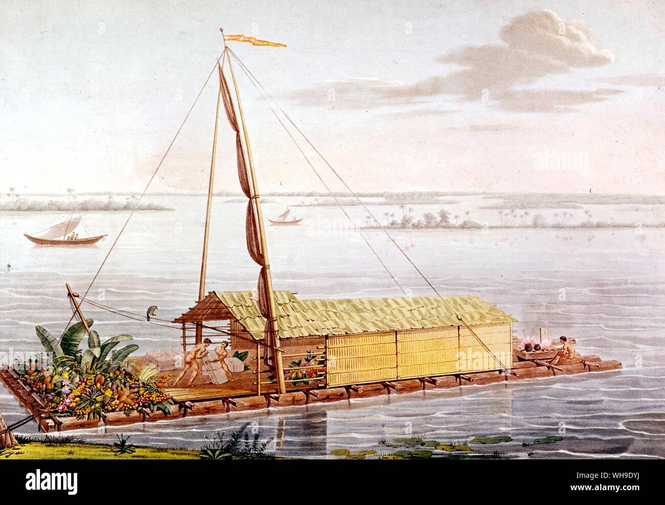 Raft near Guayaquil, after a sketch by Humboldt.  From Vues des Cordilleres by Humboldt and Bonpland Stock Photo