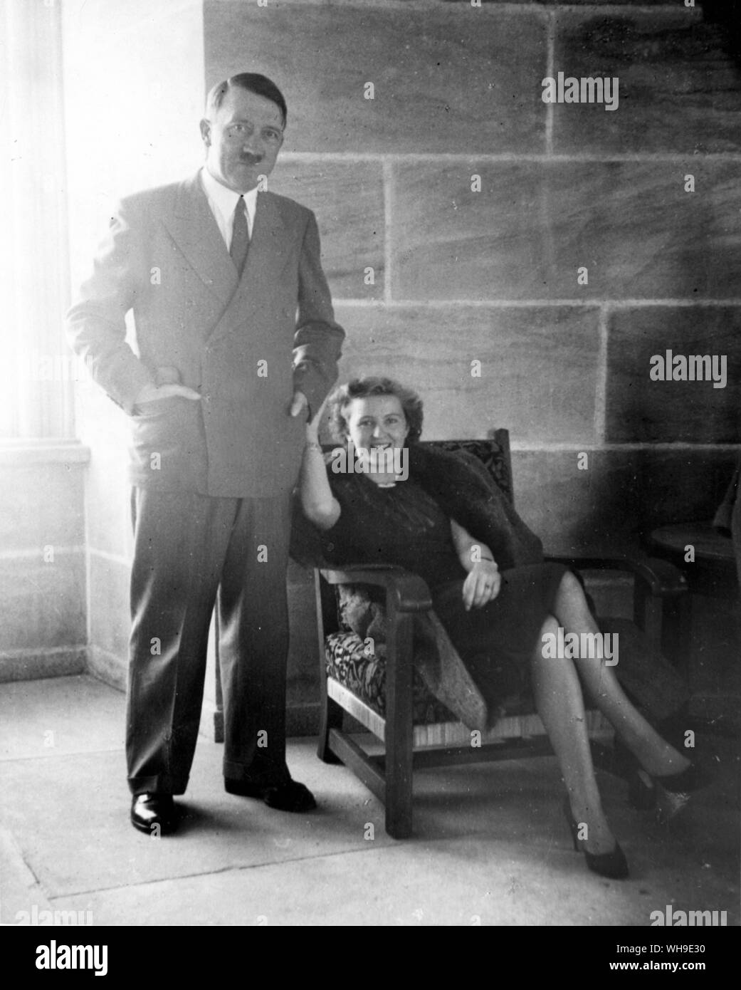 Adolf Hitler and Eva Braun. Photo found by Intelligence Officers investigating Braun's personal belongings when several photo albums were discovered. Hitler (1889-1945), Nazi party leader and German dictator. Stock Photo