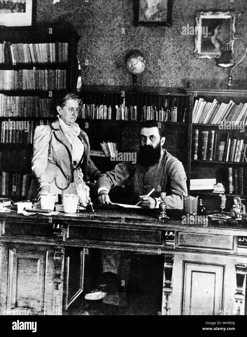 Theodor Herzl (1860-1904), Austrian founder of the Zionist movement with his mother in his study, 1902, Vienna. Stock Photo