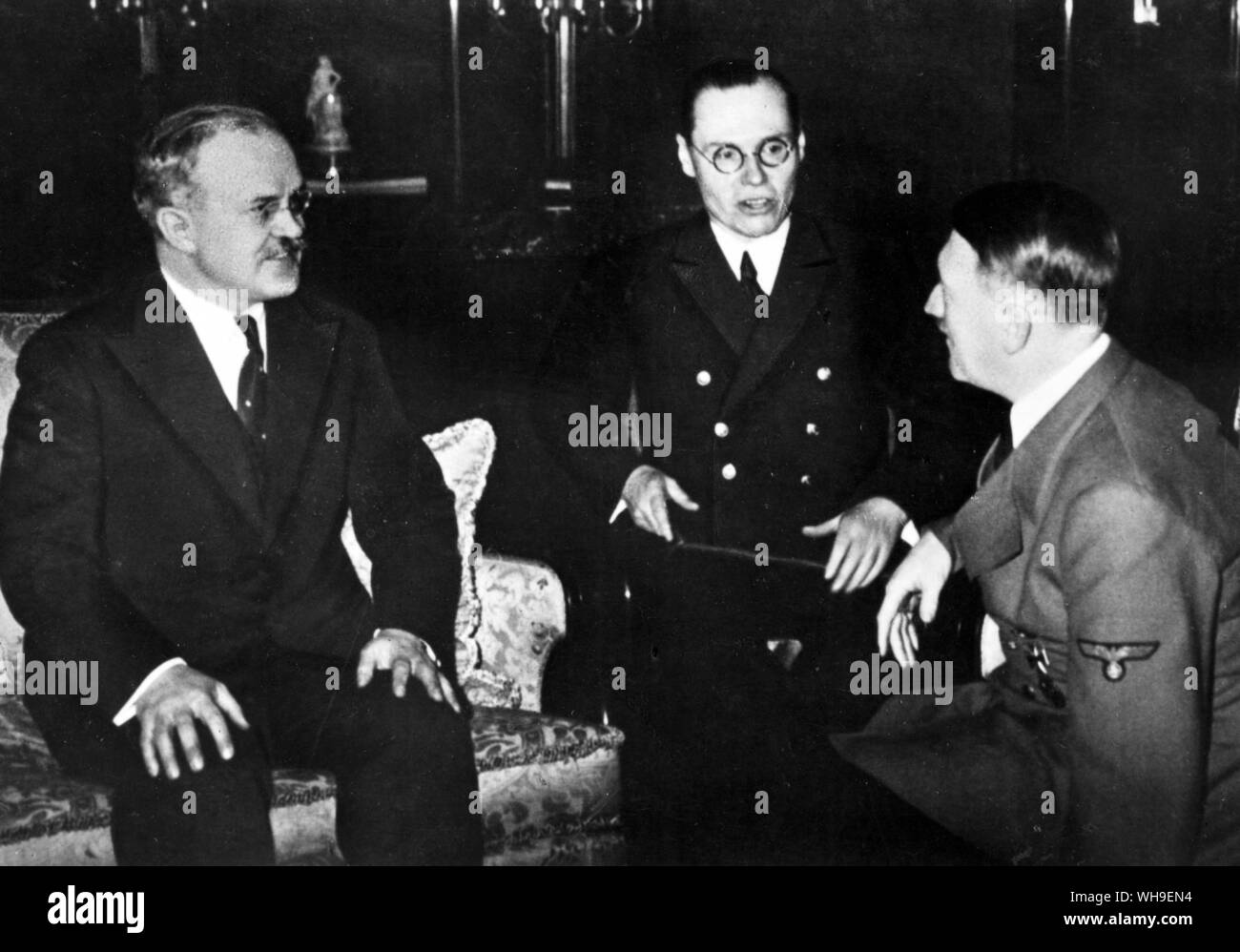 Molotov and Adolf Hitler (1889-1945) discuss Russian-German relations in light of friendship pact. Stock Photo