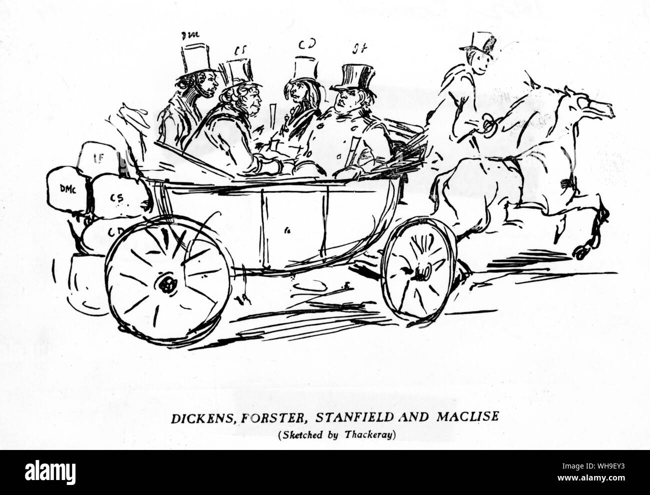 Charles Dickens, Forster, Stanfield and Maclise in a carriage in 1842. Sketch by Thackeray. Stock Photo