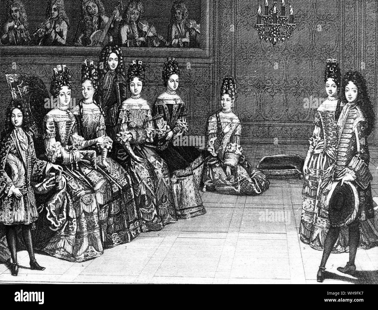 The Court of Louis XIV, 'Quatrieme Chambre des Appartements'. l-r: Le duc de Bourgogne, Madame....., Madame La Duchesse de Chartres, Le Duc de Chartres, Mademoiselle...., Mme la Duchesse du Maine, Mme La Princesse de Conty. Louis XIV (1638-1715) reigned in france from 1643. Stock Photo