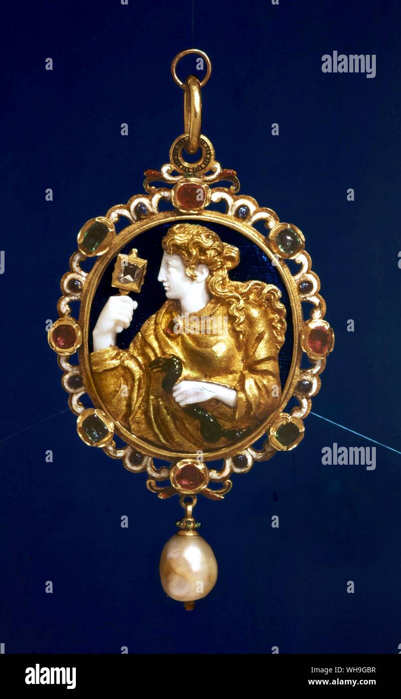 French Pendant Jewel 1550-5 Prudence and a mirror and serpent Stock Photo
