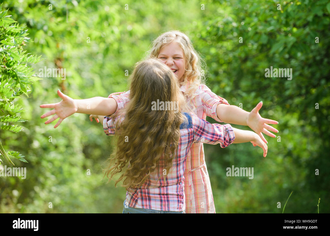 Happy reunion concept. Best friends forever. Happy kids running meet
