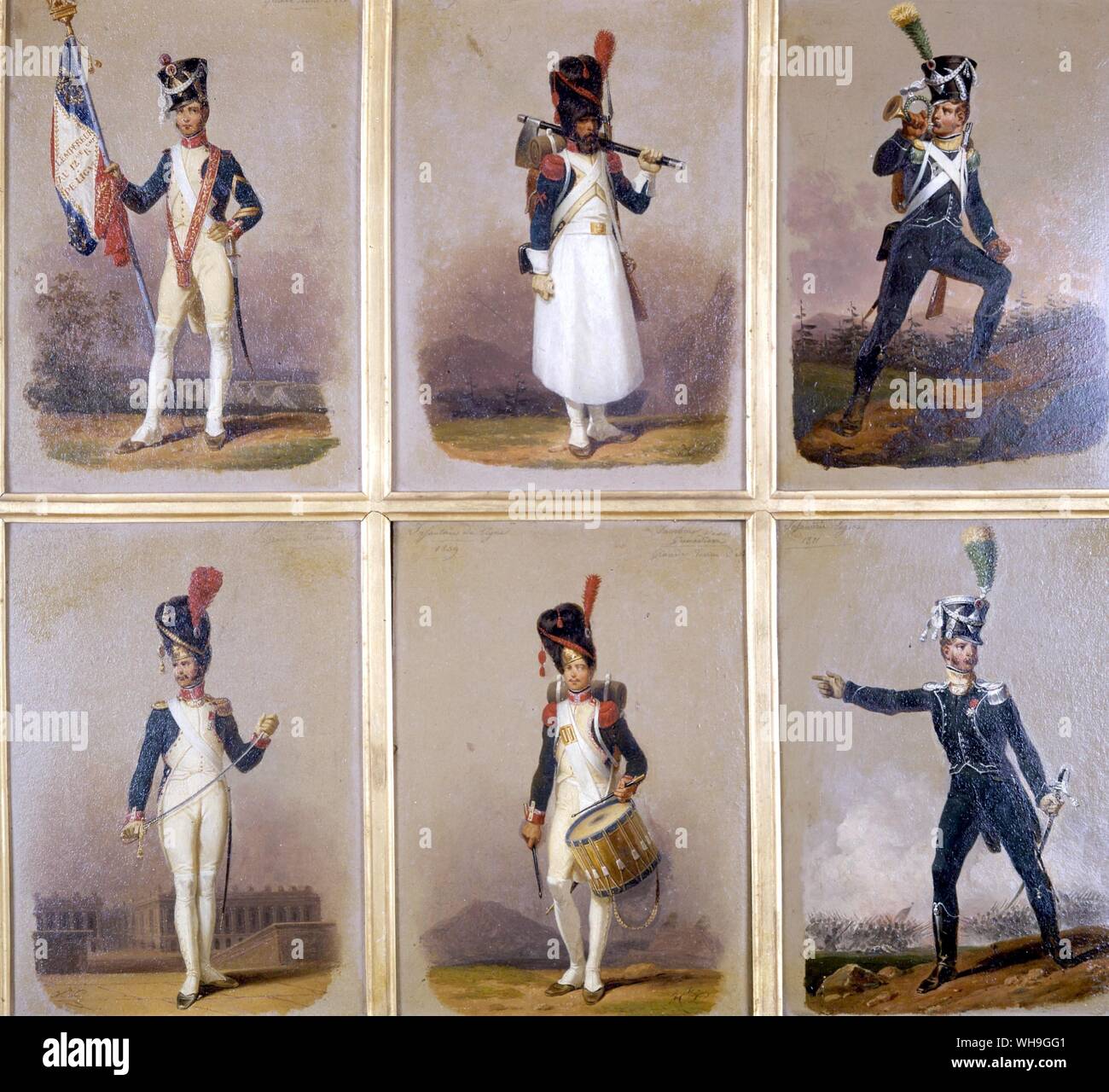 Collection of typres of Napoleonic Uniforms. Infantry of the line Sergeant Major Ensign Bearer 1809. Infantry of the line Captain of Grenadiers 1809. Infantry of the lie Sapper 1908. Infantry of the line Drummer 1809. Light Infantry Ensign 1811. Light infantry Captain 1811 Stock Photo