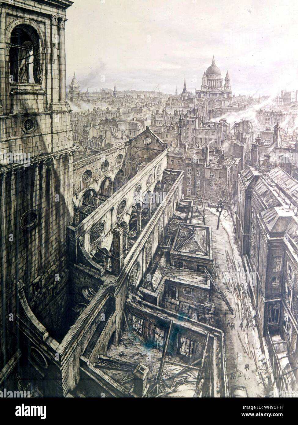 Battle of Britain bombing London show in this artworkof St Bride's and the City after the Fire 29 December 1940 chalk and pen work by Sir Muirhead Bone Stock Photo