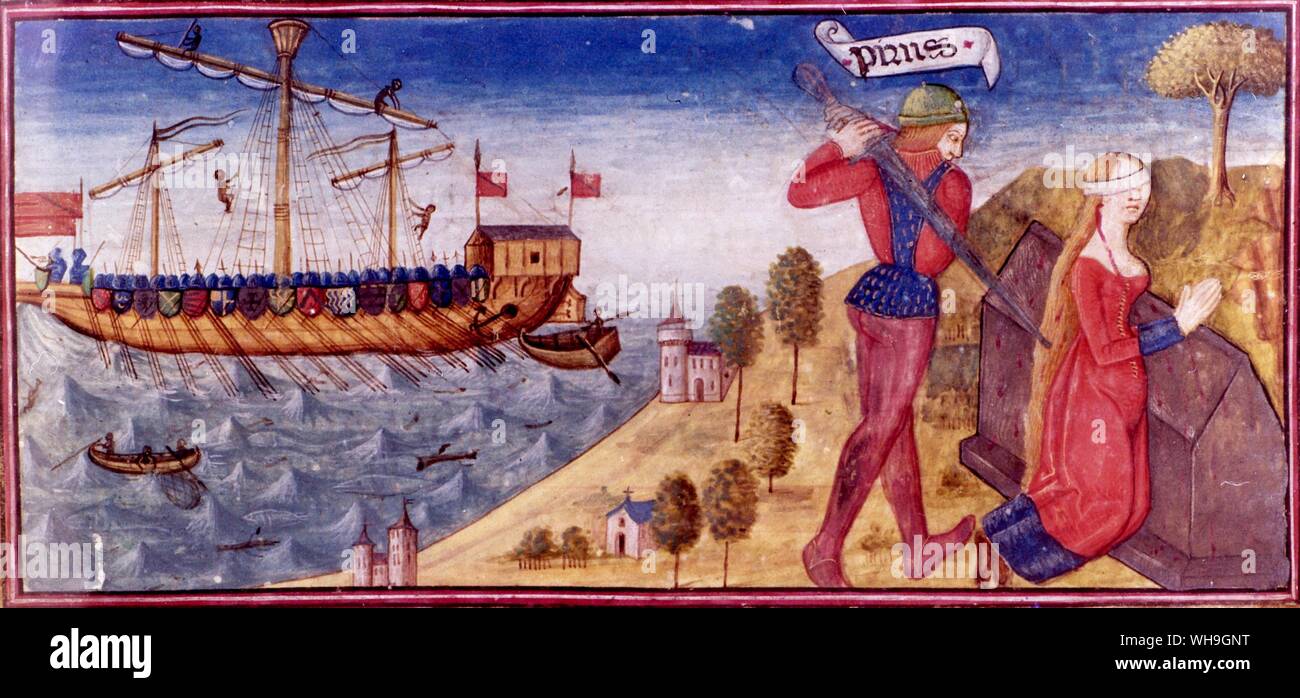 Romance of the Destruction of Troy Pyrrhus lands from a ship 1470i Stock Photo