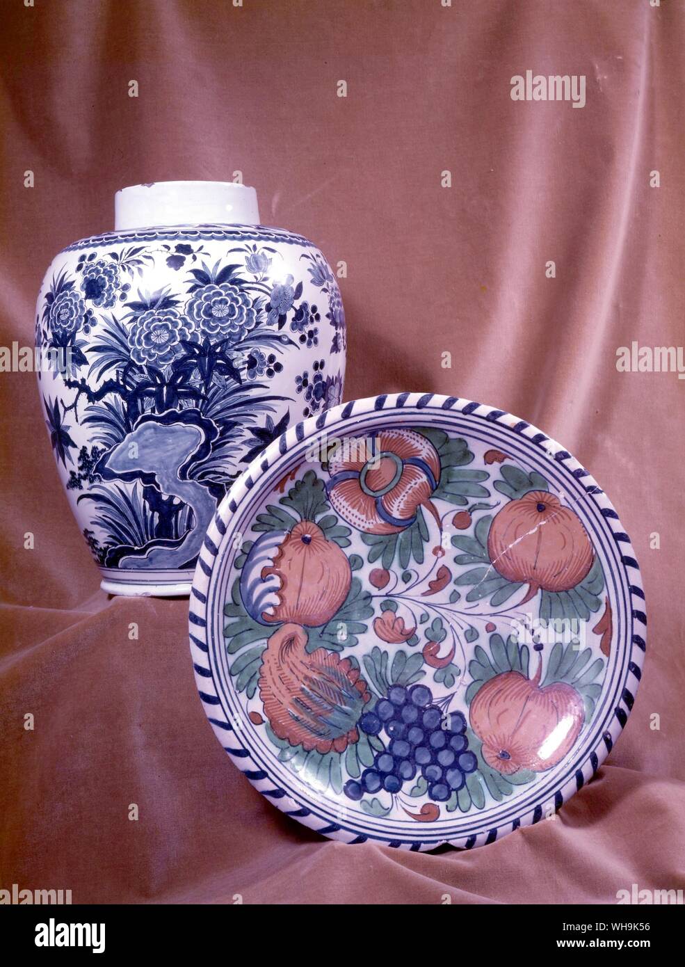 Antique decorative Dish Dutch Tin Enamelled Earthenware Jar and Dish Stock Photo