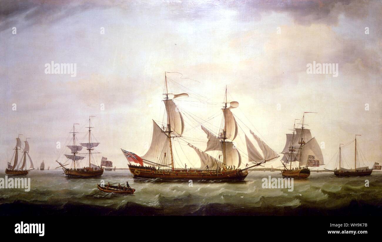 End of American War of Independance English Brig with four captured American merchantmen Stock Photo