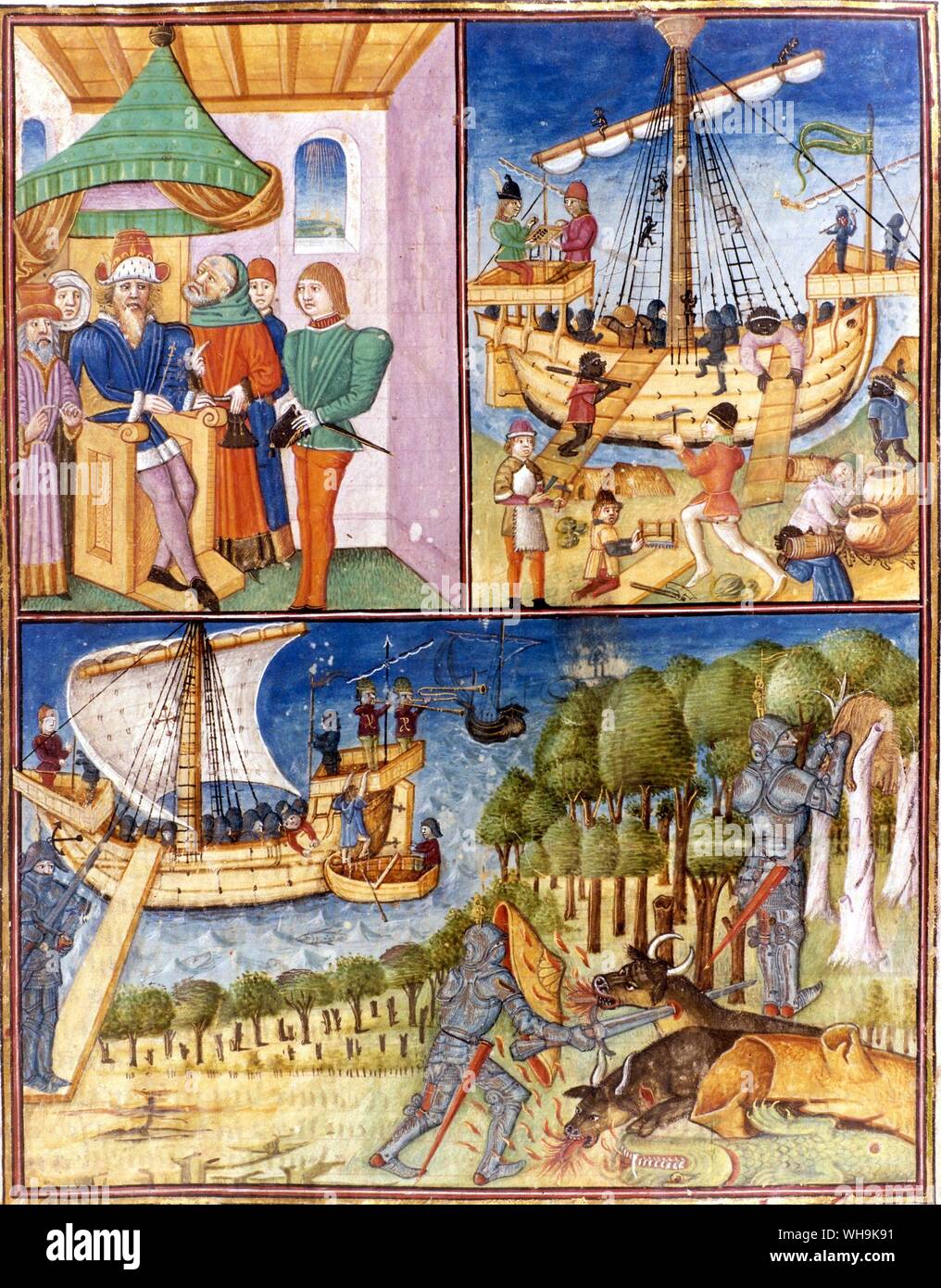 French Mediaeval Ship Building  Equipping the Argo and the Argonautsland at Colchis Stock Photo