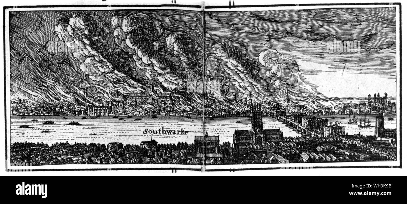 Etching of the City of London. 17th century. Possibly The Great Fire of London? Stock Photo