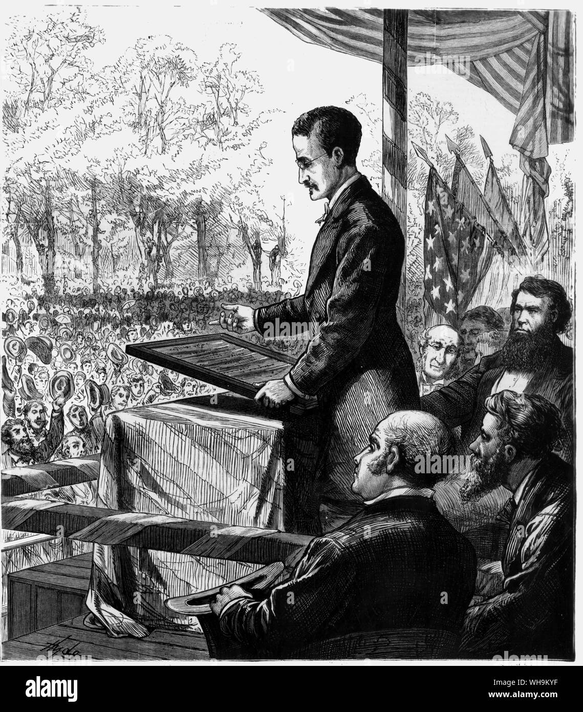 July 4th 1876: The Centennial celebration in Philadelphia - Richard Henry Lee, of Virginia reading the Declaration of Independence at Independence Square. Stock Photo