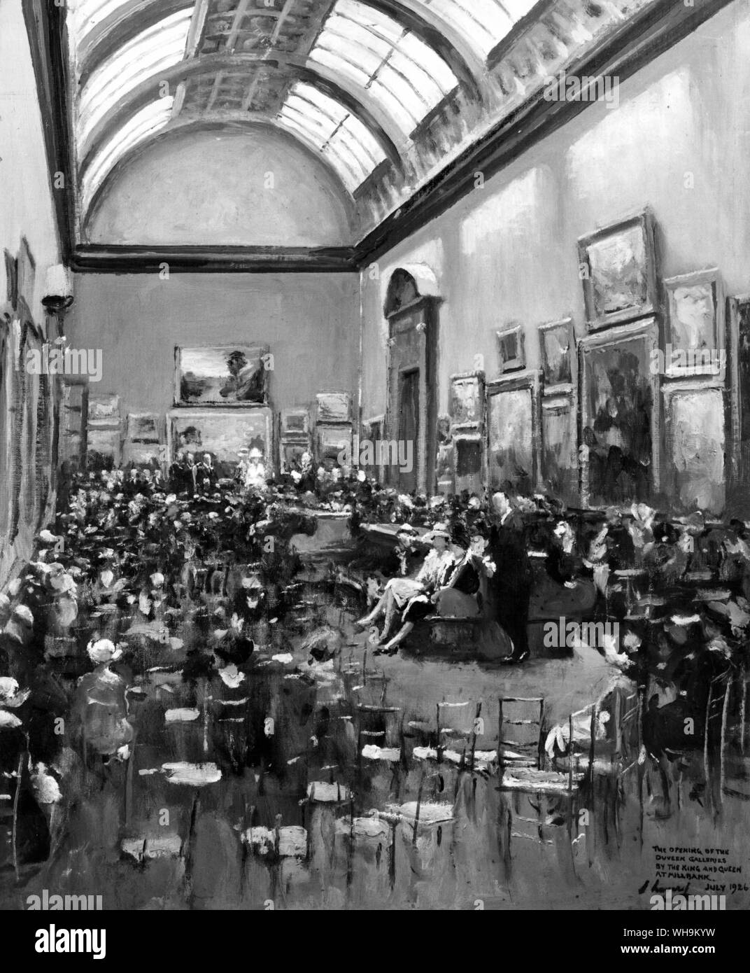 1935: The opening of the Duveen Galleries at Millbank by King George V and Queen Mary. Stock Photo