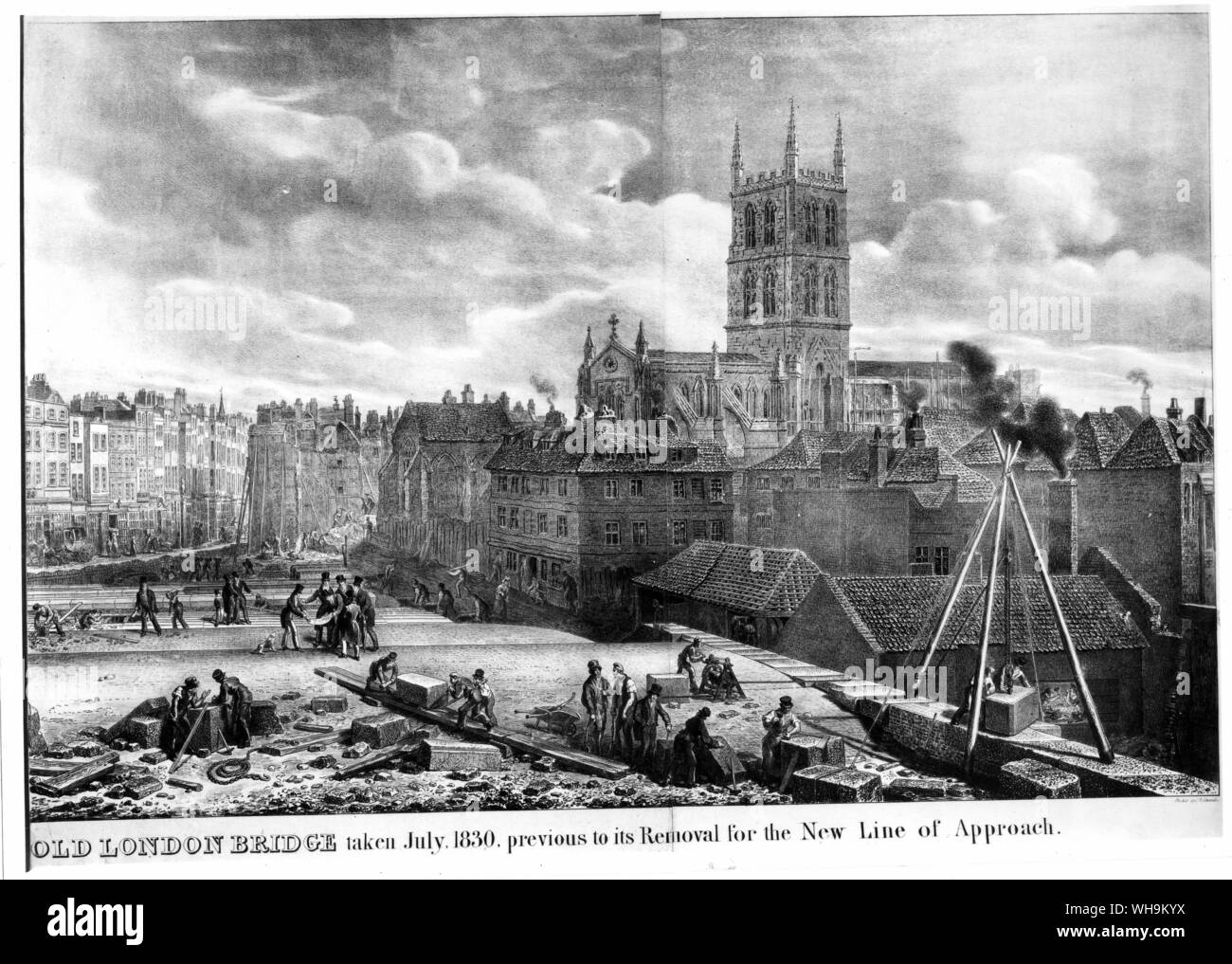 'Old London Bridge, taken July 1830, previous to its removal 'for the new line of approach.' Stock Photo