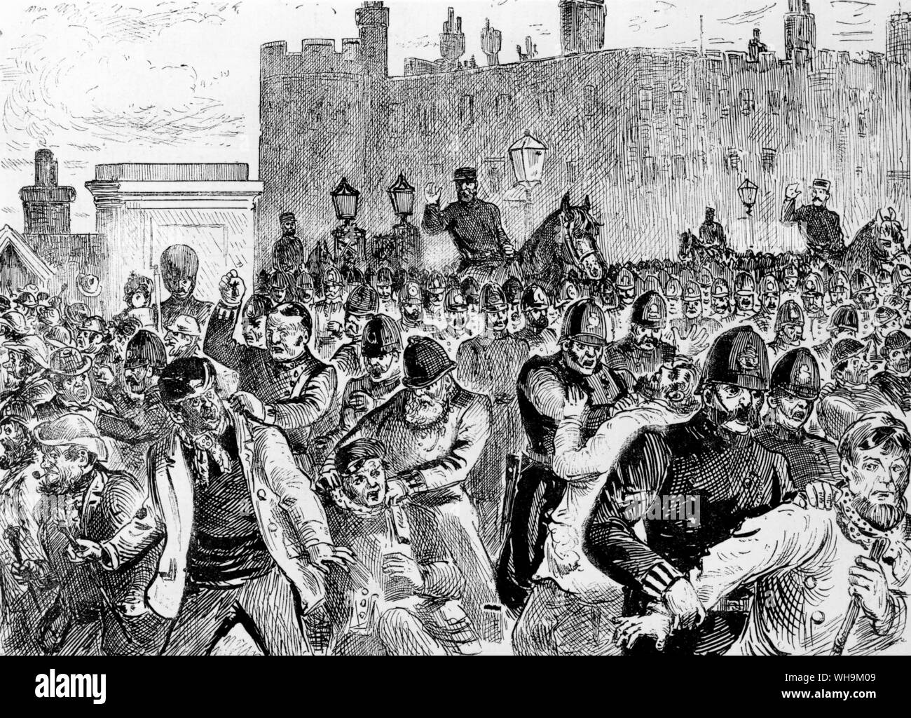 Feb 20th 1886: Pictorial News Illustration of the Great Riots in London. Attack on St. James's Palace. Stock Photo