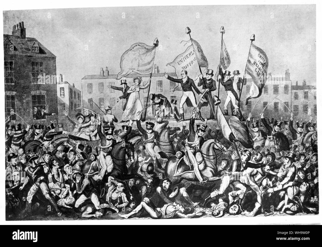 Peterloo, August 16th 1819 Break up of a mass meeting about parliamentary reform held at St Peter's Field Manchester. The Manchester Yeomanry charged into the crowd killing 1 people Stock Photo