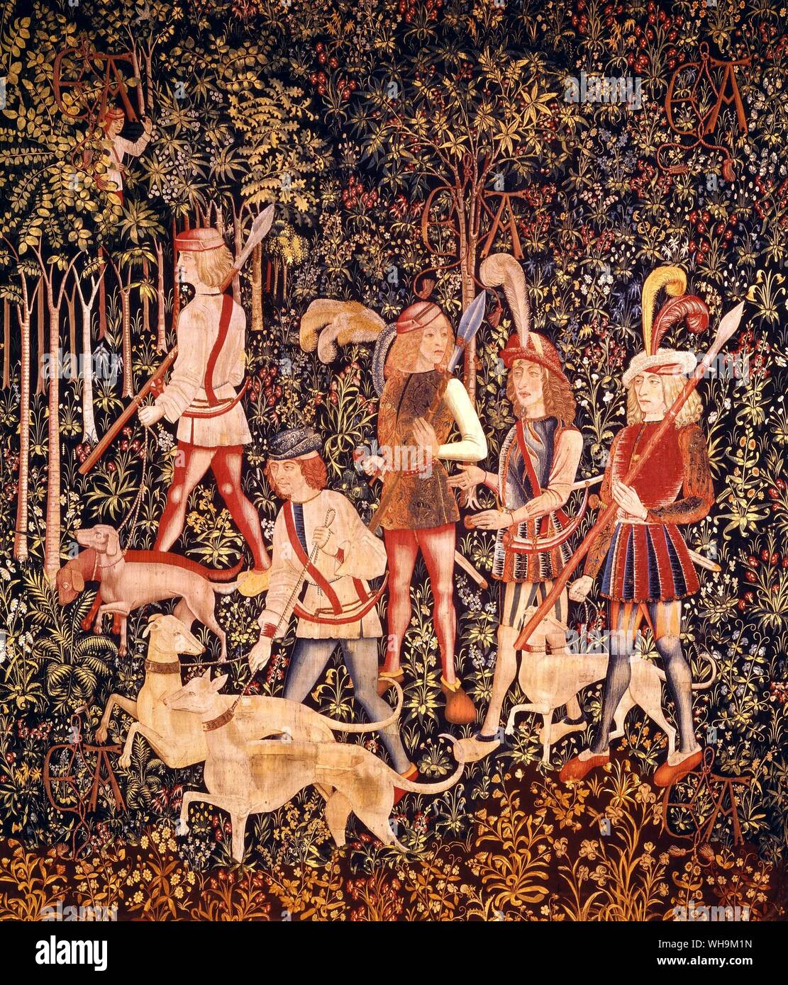 Textiles Tapestries Franco Flemish 1500 The Hunt of the Unicorn start of the hunt Stock Photo