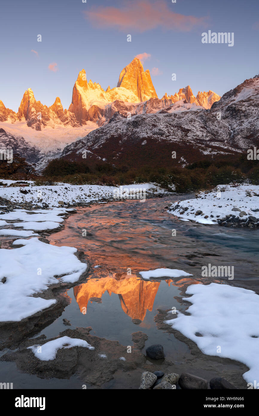 Mount Fitz Roy and Cerro Torre in winter at sunrise, Los Glaciares National Park, UNESCO, El Chalten, Santa Cruz, Patagonia, Argentina Stock Photo