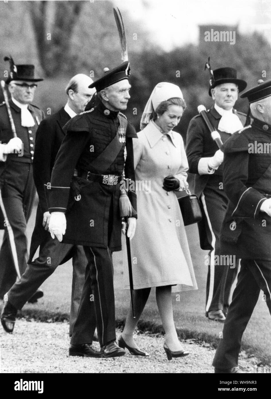 19th October 1976: Royal Archers Tercentary. Princess Anne accompanies Major The Lord Hume and arrive at a parade attended by the Queen and the Duke of Edinburgh. The troops await their inspection. Stock Photo