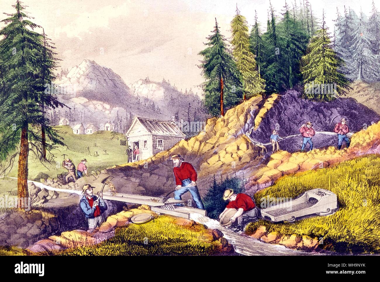 Gold Mining in California - lithograph by Currier and Ives, 1871 Stock Photo