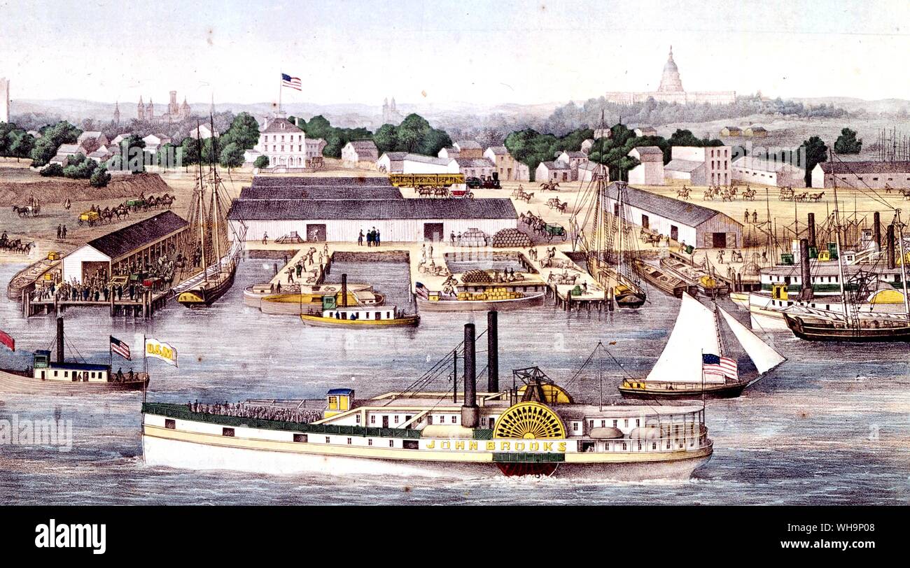 Bird's Eye View of Sixth Street Wharf, Washington - lithograph by Chas Magnus 1863 Stock Photo