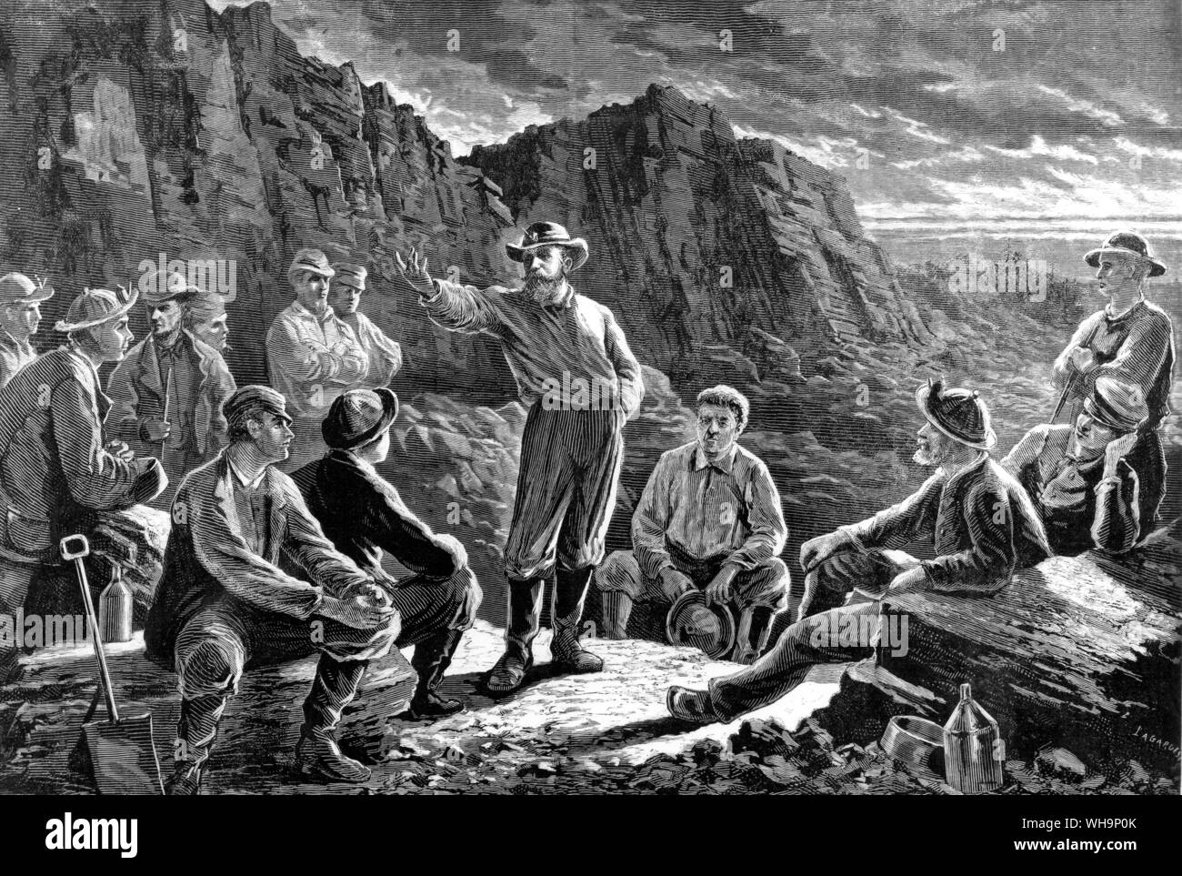 The Strike in the coal mines meeting of Molly McGuire Men 1874.  The Molly Maguires were brought to trial in 1875 Stock Photo