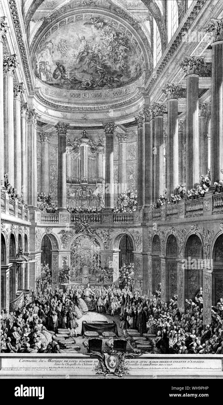 Marriage of Louis, Dauphin of France to Marie-Therese, infanta of Spain in the Chapel of the Chateau of Versailles, 23rd February 1745. By C.M. Cochin Fils. Stock Photo