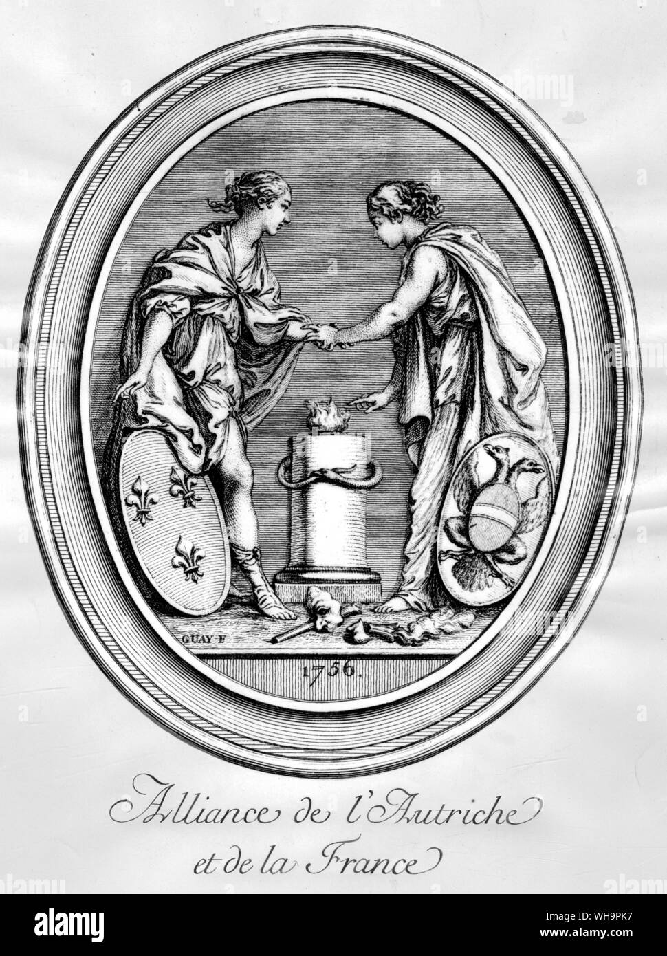 Alliance de l'Autriche et de la France.  Engraving by Madame de Pompadour Stock Photo