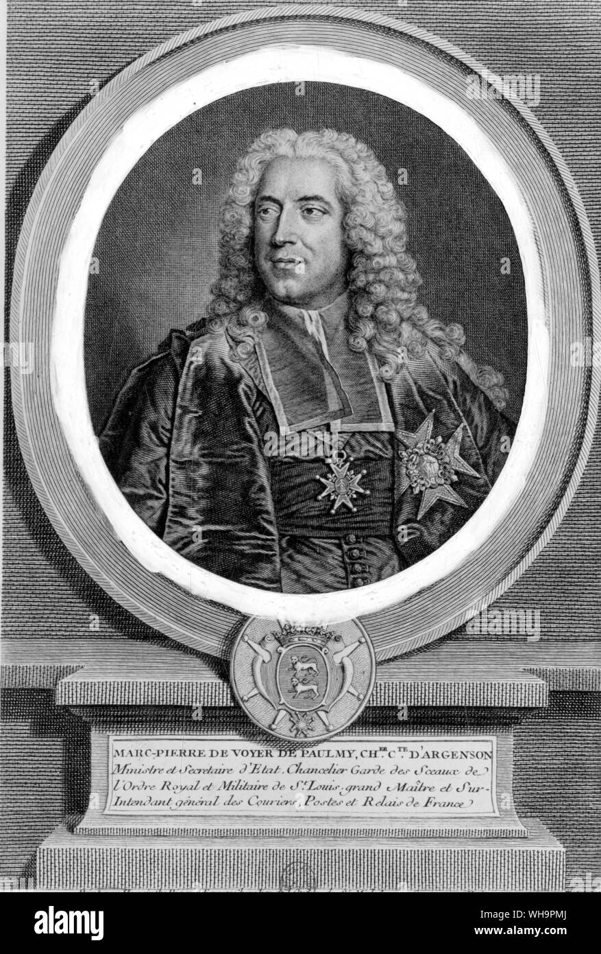 Marc-Pierre de Voyer de Paulmy, Comte d'Argenson.  Engraving by Petit after Hyacinthe Rigaud Stock Photo