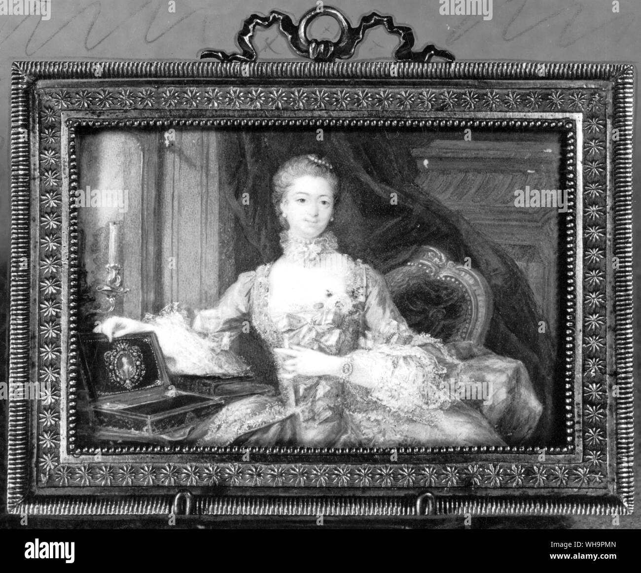 Miniature self-portrait of Madame de Pompadour, 1754. (Photograph also appears in colour in the book) Stock Photo