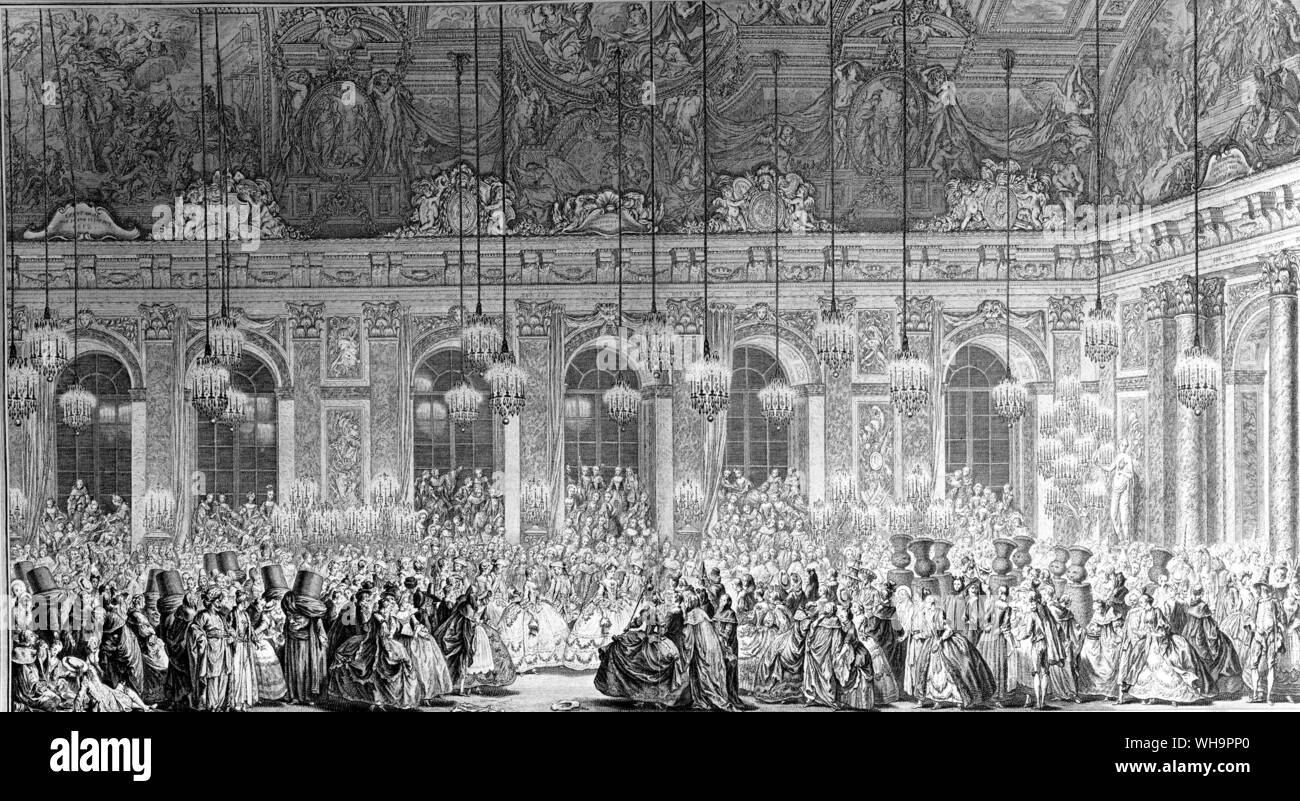 The ball of the Clipped Yew Trees in the Galerie des Glaces, 25 February 1745.  Detail from an engraving by Charles-Nicolas Cochin Stock Photo