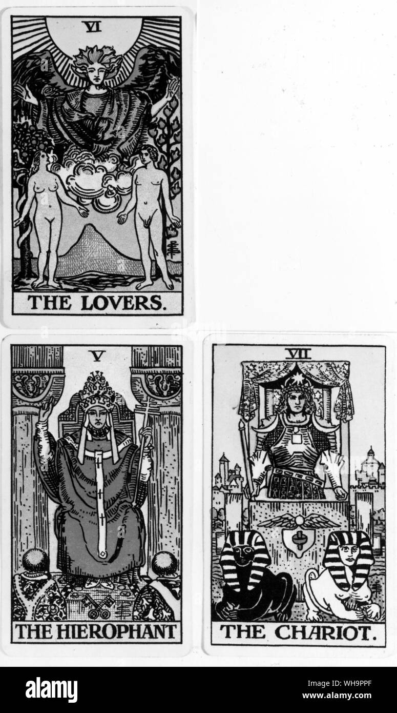 Waite's drastically 'rectified' card of the Lovers, showing them as Adam and Eve in Eden before the Fall. The card of the Pope has been given various names in different packs, seen here is the Hierophant in Waite's pack, Stock Photo