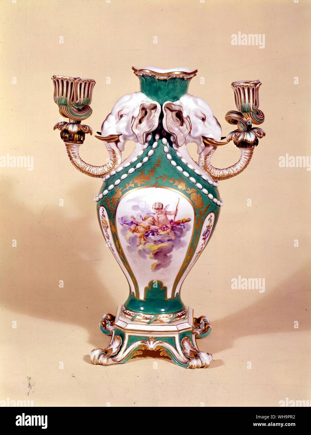 One of a pair of vase candelabra of apple green and white Sevres porcelain, 1756. The model is attributed to J. C. Duplessis pere Stock Photo
