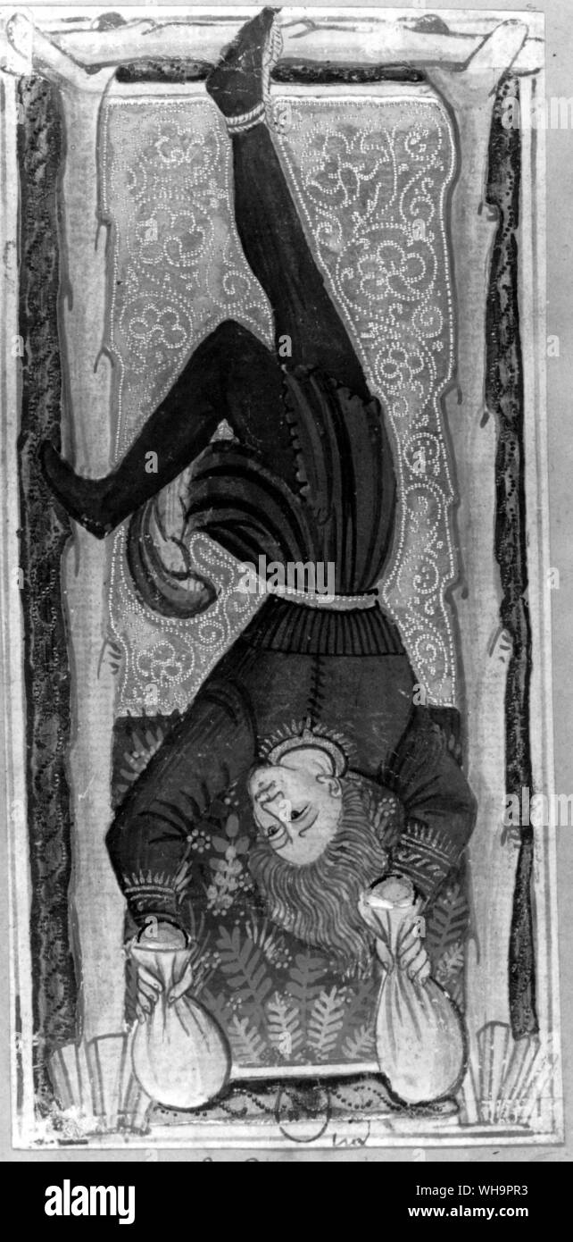 Head-downwards, the Hanged Man of the 'Charles VI' pack clutches his money-bags: popular tradition associates him with Judas Iscariot Stock Photo