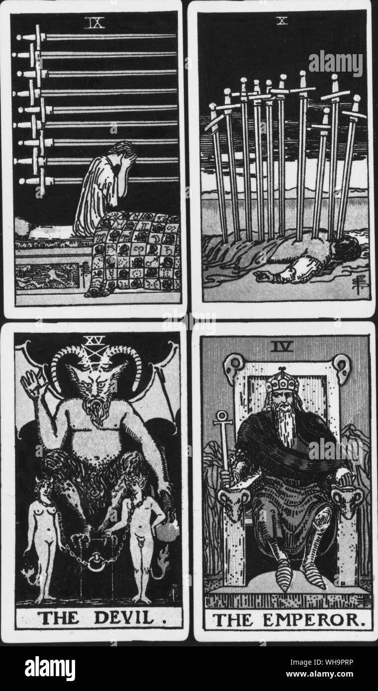The Emperor from Waite's pack, Waite's version of the Devil, and the Nine of Swords from Waite's pack. Stock Photo