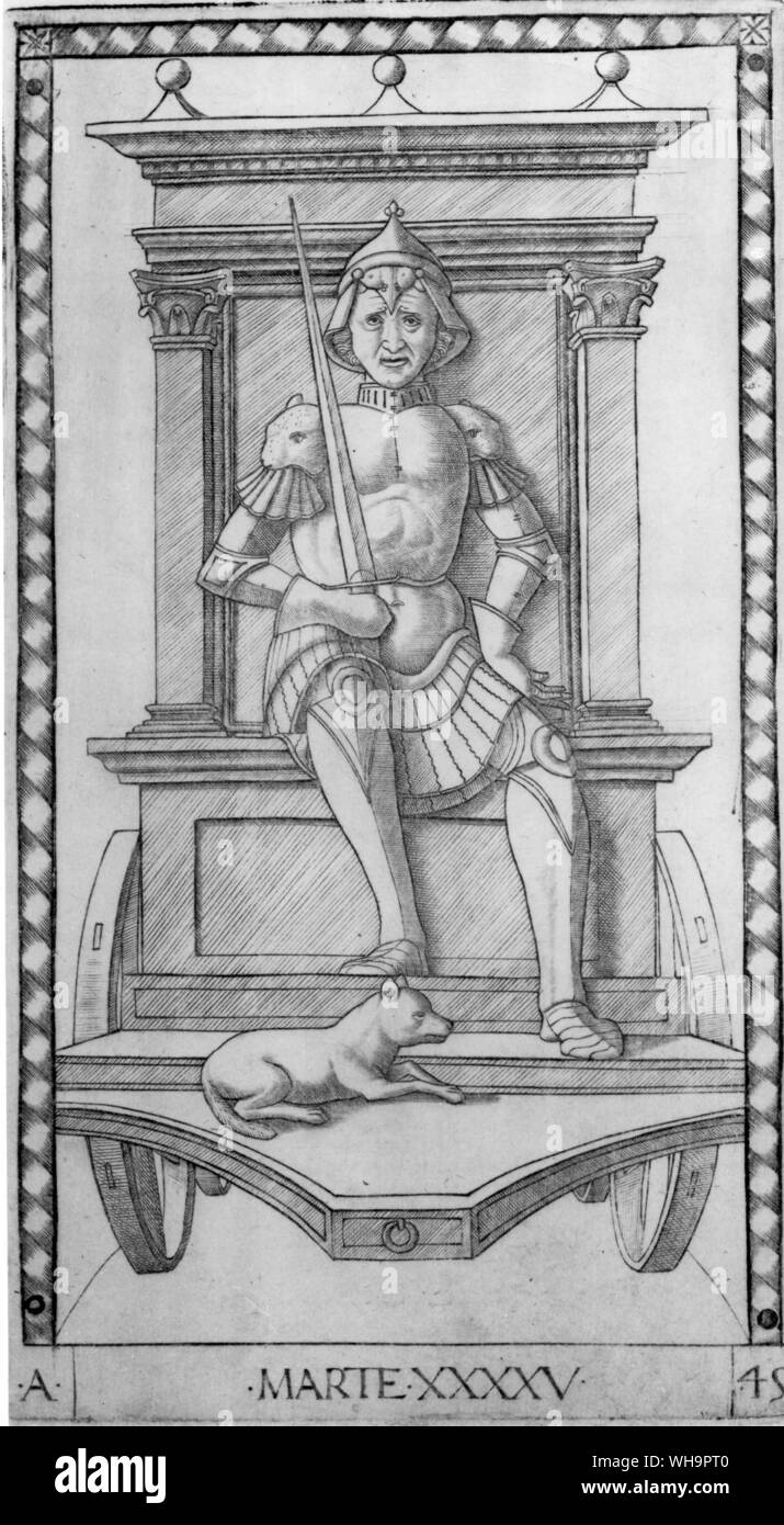 One of three cards in which the Charioteer bears different weapons. In this version there is a sword held by the Mars of the Mantegna pack. Stock Photo